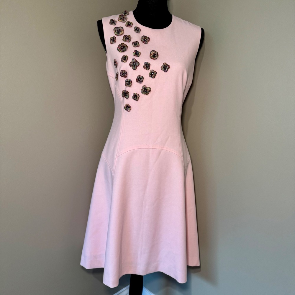 Carlisle Pink Sleeveless Floral Applique A-Line Dress Size 2 Crew Neck Metallic